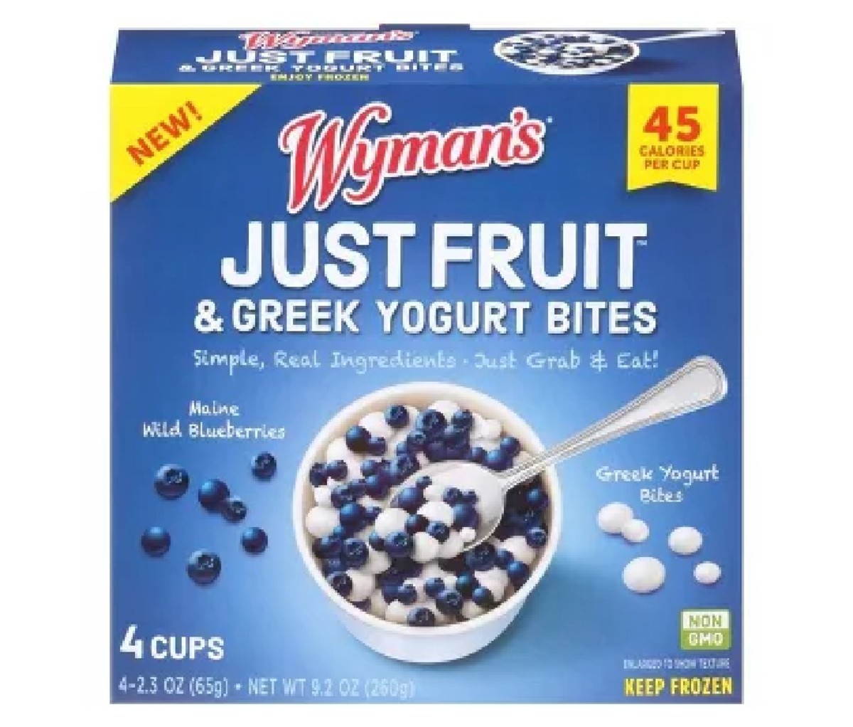 10 Healthier Ice Creams and Frozen Treats to Beat the Summer Heat 8 Wyman’s Just Fruit is a ready-to-eat snack that’s only 45 calories and provides approximately ¼ cup of fruit per serving. It's just as nutritious as fresh fruit and is convenient to eat. Wyman’s utilizes a freezing technique to combine their Maine Wild Blueberries with Greek Yogurt Bites.